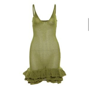 Weird Puss. Knit sexy hipster see through pleated hems-neck backless mini dress.
